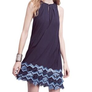 Anthro Maeve Fringe Beaded Embellished Mini Shift Dress Keyhole Neck Blue size 2